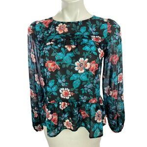 Loft Blouse Top Sz XS Black w/Floral Pink & White Long Sleeves Ruffles Polyester